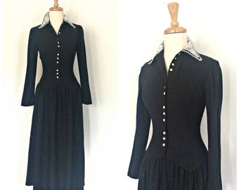 Vintage Gunne Sax Dress - prairie dress - fit and flare - midi - midnight blue - Small