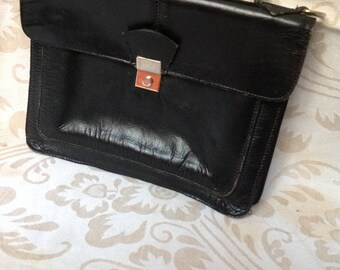 70s Briefcase Black Leather Attache Satchel Tote Bag
