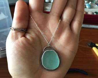 Sea Glass Necklace Pendant; Sterling Silver; Beach Glass
