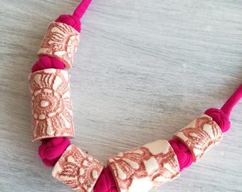 Necklace with pearls in fuchsia ceramics-necklace with webbing-necklace with knots-fuchsia necklace-ceramic jewellery-Ceramic Jewelry
