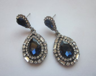 Vintage CZ rhinestone Blue Glass Earrings