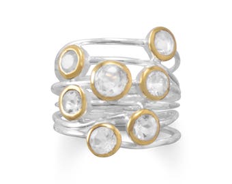 Handmade Sterling Silver Two Tone Natural Clear Quartz Stacked Ring
