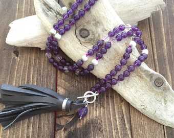 Amethyst Mala Necklace with Leather Tassel, Knotted Mala Beads, Yoga Jewelry, Handmade Leather Tassel, Boho Jewelry