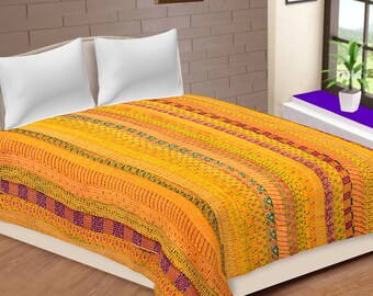 Indian Patola Silk Kantha Quilt Bohemian Bedding Bedspread Queen Size Blanket Patchwork Kantha Bedsheet bedcover Quilts Gudri Throw New
