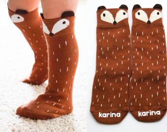 Baby FOX SOCKS - PERSONALIZED, Knee High Fox Socks, Animal Socks, Socks with ears, Toddler Fox Socks, Toddler Knee Hight Socks