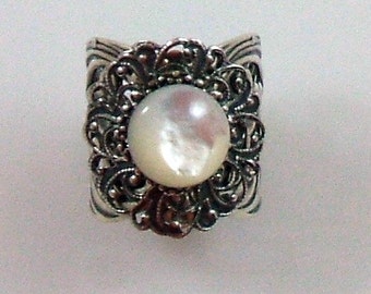 Victorian Lace Ring with Mother of Pearl Cabochon