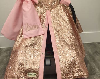 Rose Gold and Baby Pink car seat canopy with bow and name / carseat cover / carseat canopy /sequin / infant car seat cover / gold / sparkle