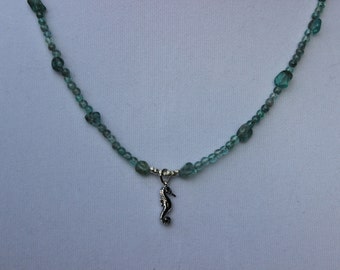 Apatite Gemstone Necklace, Pendant Necklace, Sterling Silver Seahorse Charm, Charm Necklace, Beach Necklace