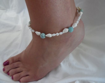 Beaded Anklet with Amazonite, Shells, and Starfish Charm
