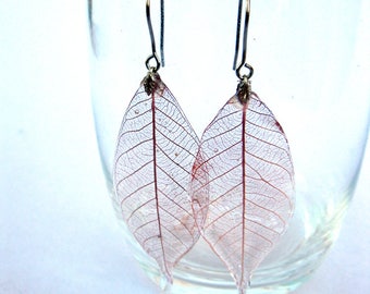 ombré real leaf skeleton earrings natural/red/pink
