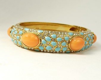 Vintage Rhinestone Bangle Bracelet Faux Turquoise & Coral Hinged Clamper Bracelet