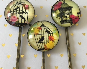 Birdcage Bobby Pins, Set if 3, Bird Bobby Pins, Birdcage Hair Pin Set