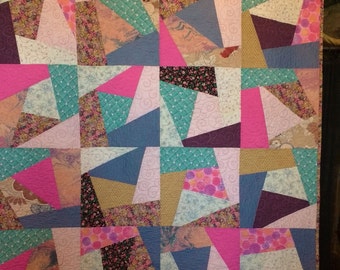 Crazy quilt, Scrap quilt, Large Lap quilt, Pink, Blue, Turquoise, Tan, Girls Quilt, Approximately 51 x 76 inches,