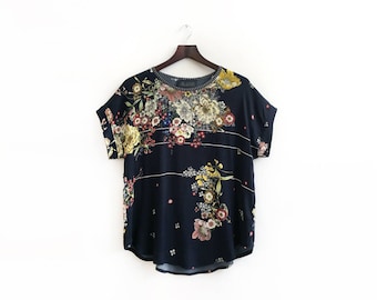 Black Floral Top, Black Floral Blouse, Black Summer Top, Floral Print Shirt, Loose Summer Blouse, Unique Tops for Women, Sizes: XS S M L