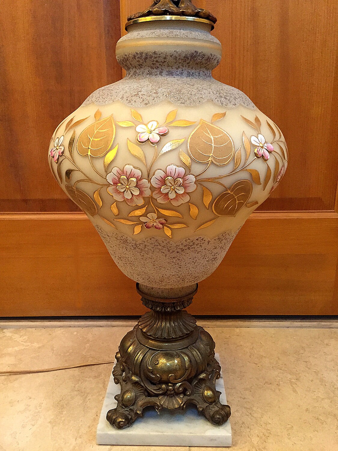 West German Style Lamp 1940s Hand Painted Pink Flowers Gold