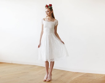 Ivory Bridesmaids Off-The-Shoulder Short Sleeves Lace Midi Dress Bridesmaids Ivory Dress 1158