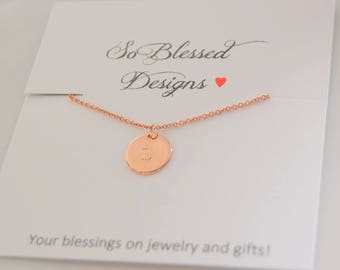 Rose Gold Initial necklace, Personalized Disc necklace, Initial Charm necklace, Dainty rose gold monogram necklace, Bridesmaid Gift