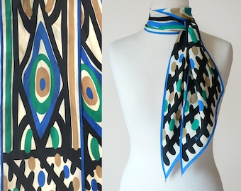 Vintage 70's Vera Neumann Evil Eye Graphic Print Long Silky Neck Scarf in Blue, Cream, Black, Taupe and Green