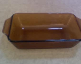Anchor Hocking Fire King Amber loaf pan 8x5" #1409 ribbed outside with handles