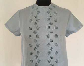Vintage 1950's - Light Blue Button Backed Cotton Blouse - Approx UK 12/14.