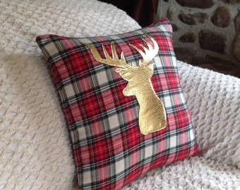 Decorative Pillow Cover, Christmas Pillow Cover, Holiday Pillow Cover, Deer Pillow, Woodland Decor, Nursery Decor, Plaid Pillow, Deer Decor