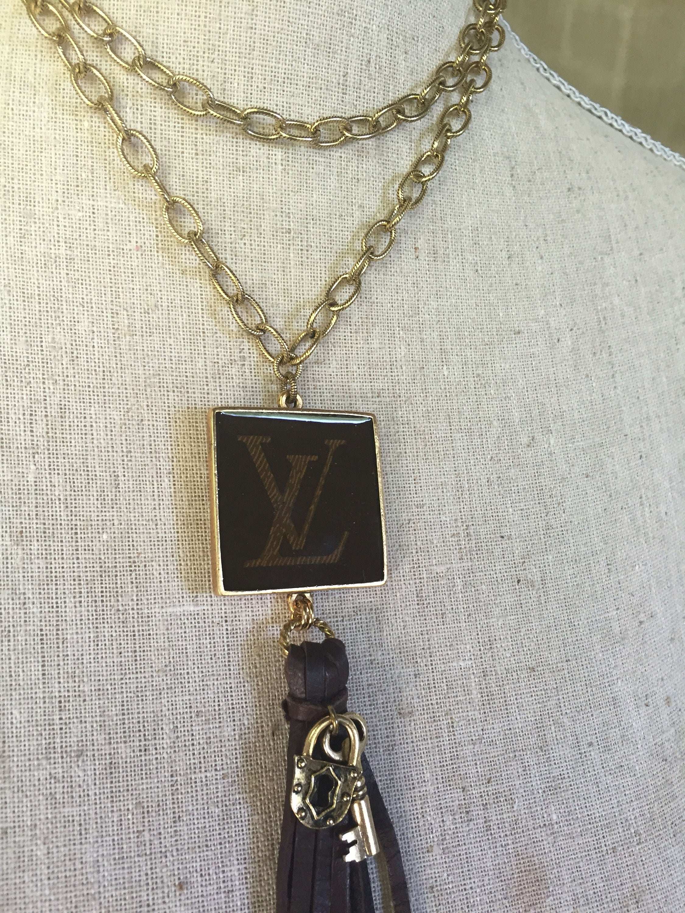 LV INSPIRED Charm Necklace handmade/repurposed from LV bag.
