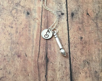 Paintbrush initial necklace - paintbrush jewelry, gift for painter, artist jewelry, gift for art teacher, silver paint brush necklace