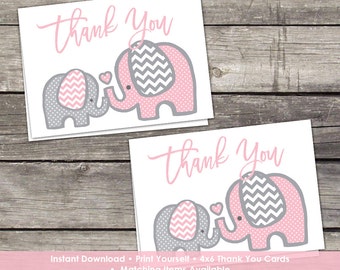 YOU PRINT Pink Elephant Thank You Cards - Baby Shower Thank You Cards - 4x6 - Instant Download Baby-103