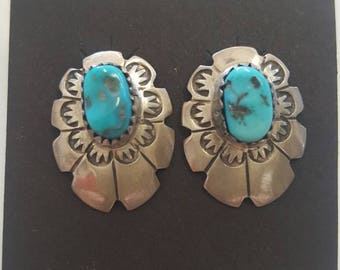 Navajo Sterling and Turquoise Post Earrings Signed LS