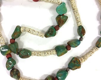 BIG Old Pawn Native American Necklace Vintage Beaded Raw Chunky Turquoise Sterling Silver Green Heart Pomo Heishi Trade Beads Santo Domingo