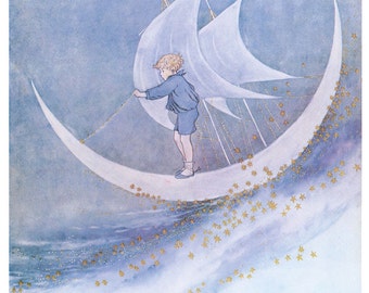 Hand-cut wooden jigsaw puzzle. FAIRY BOY & MOONBOAT. Outhwaite. Fairytale gift. Wood, collectible. Bella Puzzles.