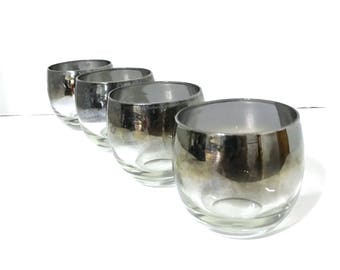 Vintage Roly Poly Glasses Mid Century Silver Lowball Glasses Retro Set of 4 Silver Hombre Roly Poly Glasses Mirror Faded Vintage Bar Glasses