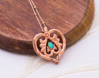 Heart Necklace Art Nouveau Pendant October Birthstone Necklace First Mothers Day Rose Gold Chain Electroformed Necklace Dainty Opal Necklace