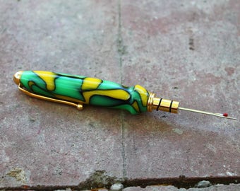 Green Yellow and Black Hand Turned Seam Ripper with Acrylic and Metal Hardware