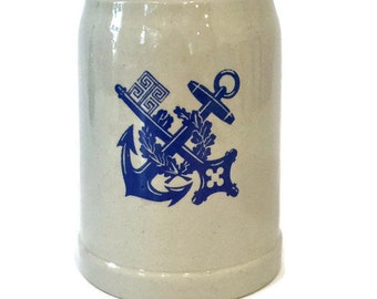 Vintage Beer Mug / Stein with Key and Anchor Crest, Stoneware Made In Europe
