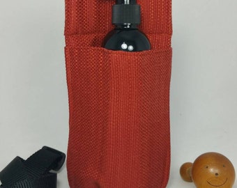 Massage therapy single 8oz lotion bottle hip holster, orange tapestry woven fabric, black belt