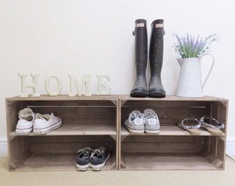 2 x Shabby Chic Handmade Wooden Apple Crate Shoe Rack, Rustic, Vintage, Style Shoe or Display Shelf