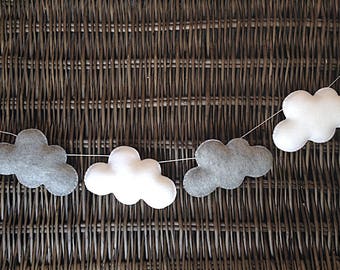 White & Grey Fluffy Cloud Garland, 100% Wool Felt, Felt Bunting, Baby Garland, Baby Nursery, Baby Shower, Baby Room Decorations, Scandi