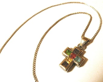 STERLING Rainbow GEMSTONES Petite Cross, 925 Sterling Multi Gemstone Cross, Vintage Gemstone Cross, Small Sterling Gemstone Cross Necklace