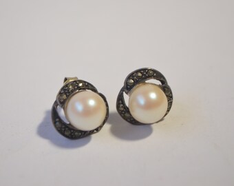 Vintage Sterling Silver 925 Marcasite Pearl Stud Earrings