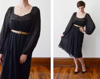 1970s Black Gauze Tent Dress - - S/M/L
