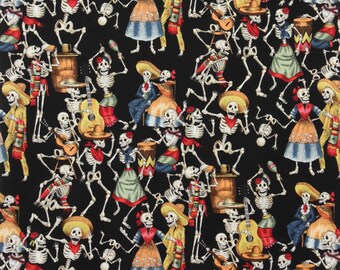 Dancing Skeletons Fiesta Black Cotton Alexander Henry #6928 By the Yard