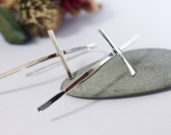 Sterling Silver Cross Earrings, Hammered Cross Dangle Earrings, Silver Hook Earrings, Silver Simple Earrings,