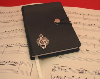 Treble Clef Hand Cast Pewter Motif on A6 Black Journal Music Teacher Gift Musician Gift Christmas Gift