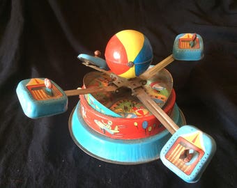 Vintage Tin Toy, Wind Up Toy, Turning Carousel, Carnival Ride - 1970