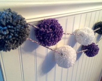 Pom pom garland, yarn garland, purple and gray decor, nursery decor, baby girl decor, nursery garland, pom pom decor, pom pom accesory