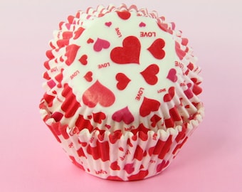 Red and White Cupcake Liners Love Hearts 2'' Standard Size , Baking Cups,