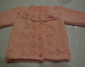 PRETTY baby coat color hand knitted pale pink - days at the bottom front, sleeves and yoke.