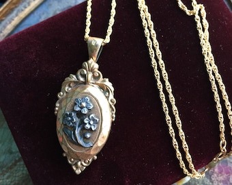 French Flower Locket Necklace - Enamel Locket - Raised Design - 1900's Locket - Gold Filled Locket - Wedding Locket - Vintage Jewelry