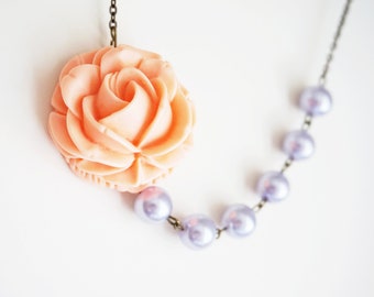 Statement Necklace Coral Necklace Lilac Necklace Bridesmaid Jewelry Bridesmaid Set Bridesmaid Gift Pearl Necklace Wedding Necklace Gift